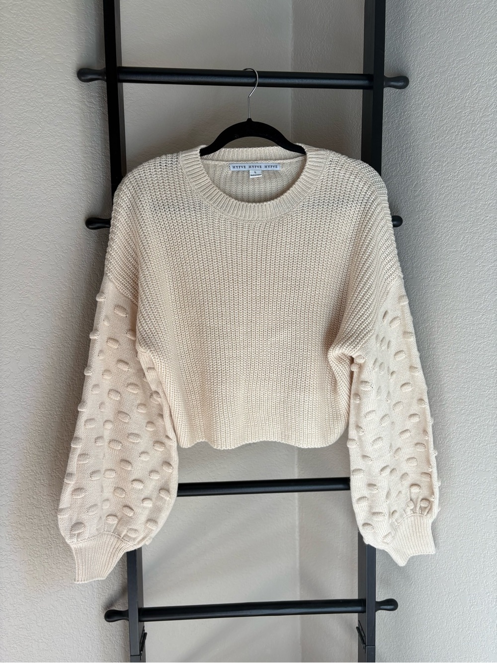 HYFVE Cream Crewneck Textured Balloon Sleeve Sweater